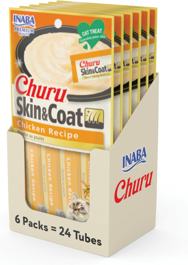 INABA Churu Lickable Purée Cat Treats for Skin and Coat, Chicken Recipe, 0.5 Ounces Each, 24 Tubes (Four Per Package)
