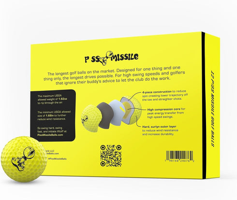 4-Piece P*ss Missile Distance Golf Balls - Design, Surlyn Cover, High Compression Core - Lower Spin, Better Trajectory