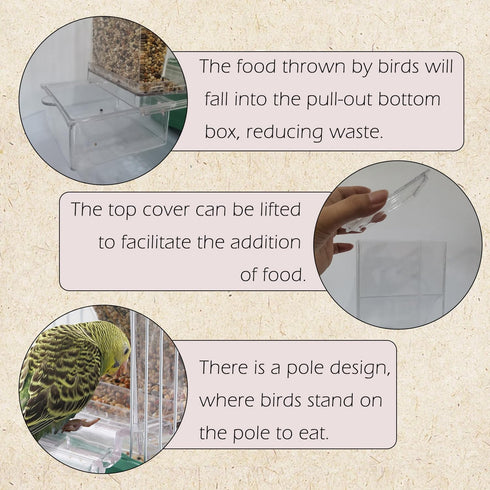 No Mess Automatic Bird Feeder, Inside Cage Parrot Feeder with Clear Perch and Acrylic Seed Container