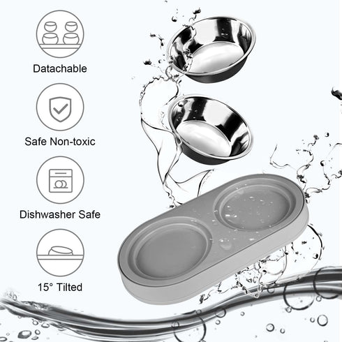 Elevated Cat Food Bowls - Raised Stainless Steel Bowls with Stand, Anti Vomiting, Double Bowl Set (Grayblue)