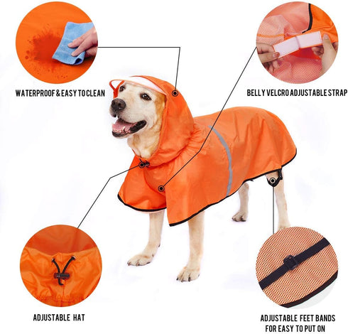 Dog Raincoat with Adjustable Belly Strap, Waterproof Slicker Hoodie with Reflective Strip for Medium Large Dogs -