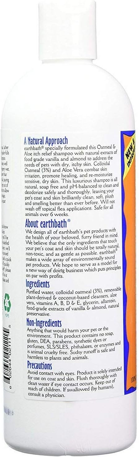 earthbath Oatmeal & Aloe Dog Shampoo - 16 Oz for Itchy, Dry Skin Relief, Made in USA, Vanilla & Almond