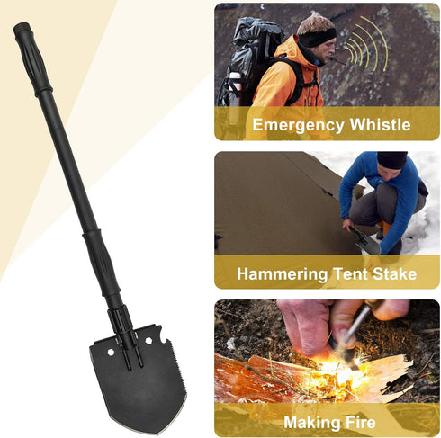 Survival Folding Shovel (28.3'') Camping Multitool with Pickaxe, Compass, Whistle, Molle Bag for Emergency