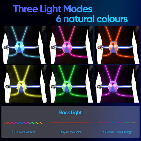 LED Reflective Running Vest Lights for Runners, USB Rechargeable Safety Lights with Front Light, 7 Colors, Three Light