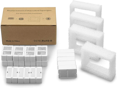 Cat Fountain Replacement Filters - 20PACK, 16 Carbon Filters with 4 Foam Filters, Compatible with Cat Fountains