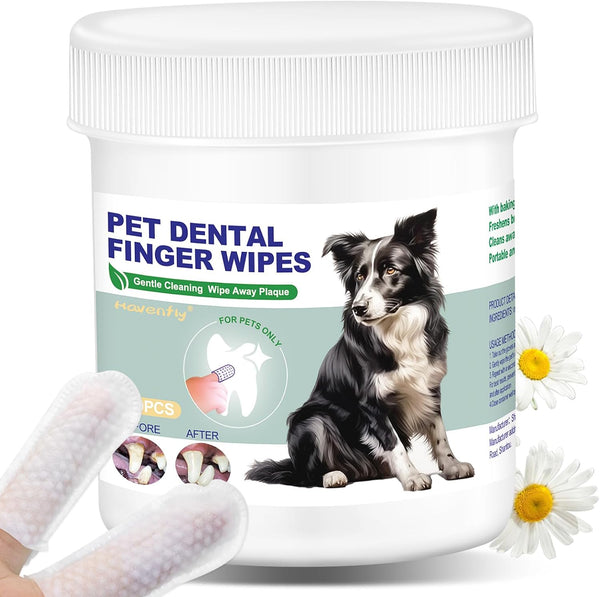 Pet Teeth Cleaning Finger Wipes for Dogs & Cats, No-Rinse Disposable Gentle Cleaning Wipes for Plaque and Tartar, 50