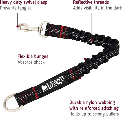 Leashboss Pattern Bungee Dog Leash Extension, 18" Shock Absorbing Lead Extender, Pattern Collection (18 Inch, Black Reflective)
