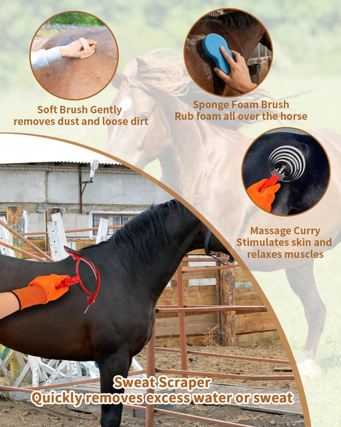 HAPPYER 13 Set Horse Grooming Kit Piece, Complete Horse Brushes & Grooming Supplies with Organizer Bag, Curry Comb