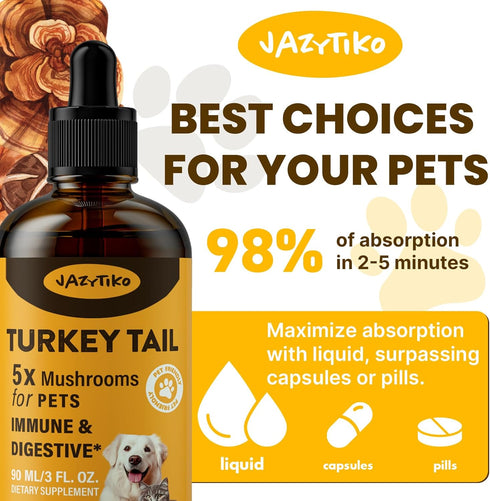 Jazytiko Immune 5X 90 ML Turkey Tail Mushroom for Dogs - for Yeast & Itchy Skin, Turkey Tail Mushroom for & Digestive