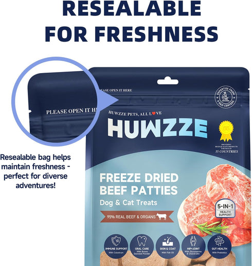 96% 8.1 oz Freeze Dried Beef Patties for Dogs & Cats, High Protein Dog Training Treats, Snacks & Food Toppers Real Beef