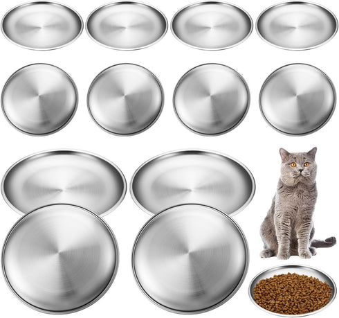 Domensi 12 Pieces Stainless Steel Cat Bowl Set, Shallow 6.7 Inch Cat Food Dish for Wet Feeding, Small Pet Plate