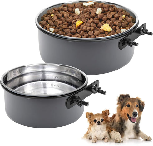 Dog Crate Bowls, 2 Pack Stainless Steel Hanging Water Food Bowls with Clamp, Anti-Spill for Small Medium Large Dogs