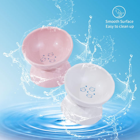 OMAYKEY Ceramic Raised Cat Bowls, Tilted Elevated Food and Water Bowls for Cats and Small Dogs, White & Pink, Set of 2