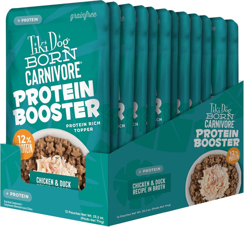 Tiki Dog Born Carnivore Protein Booster Dog Food Topper, Chicken and Duck Recipe, 2.1 oz. Pouch (12 Count)