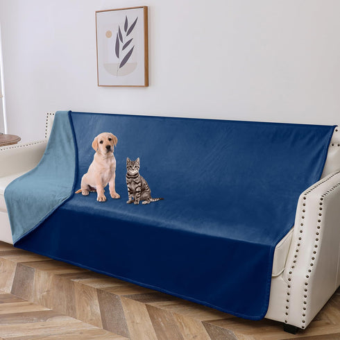 100% Waterproof Dog Blanket - 68x82 inches Soft Leak Proof Pet Couch Throw, Washable, Navy Blue+Stone Blue