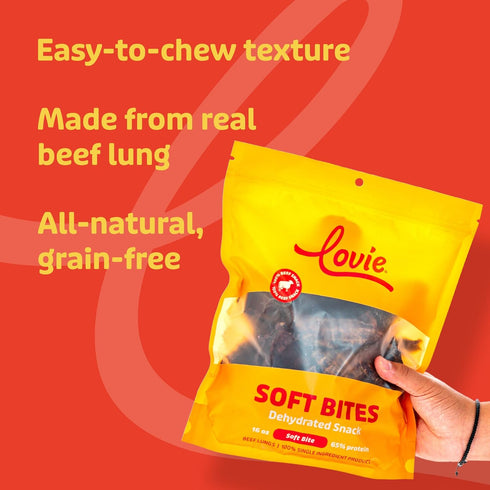 Lovie 16 oz Beef Lung Dog Treats - Dehydrated Air Dried Soft Bites, Single Ingredient, Protein Rich