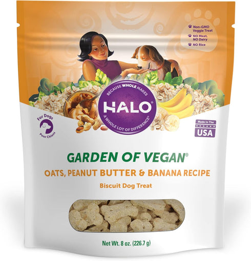 Halo Plant-Based Dog Treats, Peanut Butter & Banana, Vegan Pouch, 8oz