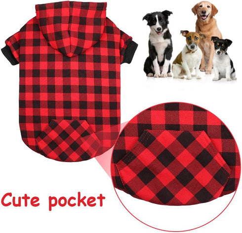 Red Plaid Dog Hoodie Sweater for Dogs, Pet Clothes with Hat and Pocket (M)