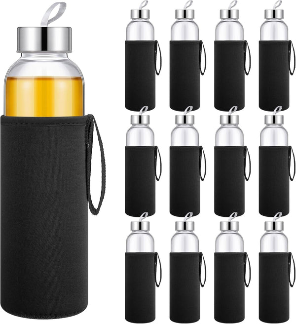 Vesici 12 Set 18 oz Clear Glass Water Bottles, Reusable Juicing Bottles with Protection Sleeve and Lids
