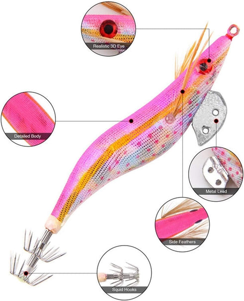 Generic 10Pcs 12g-20g Squid Bait Hook Wooden Shrimp Jig Fishing Lures Hooks Wood Artificial Luminous Jigging Lure