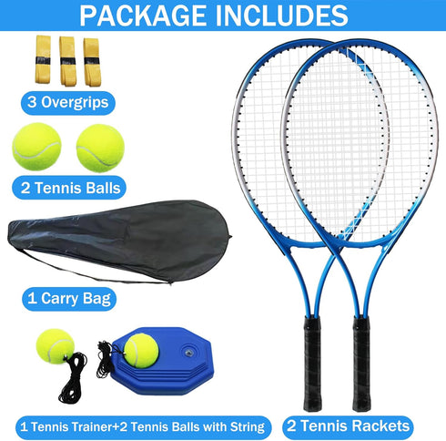 Tennis Rackets for Adults, 2 Players Recreational Set for Beginners with 4 Tennis Balls, 3 Overgrips, 1 Tennis Bag