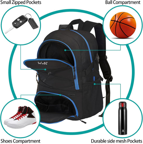 WOLT Basketball Backpack Large Sports Bag with Separate Ball Holder & Shoes Compartment for Gym, Travel, Soccer,