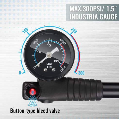 Hycline Shock Pump for Mountain Bike, High Pressure 300 Psi for Bicycle Suspension with Gauge