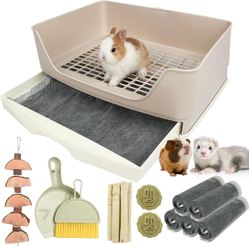 RUBYHOME Oversize Rabbit Litter Box with Drawer, Corner Toilet Box with Grate Potty