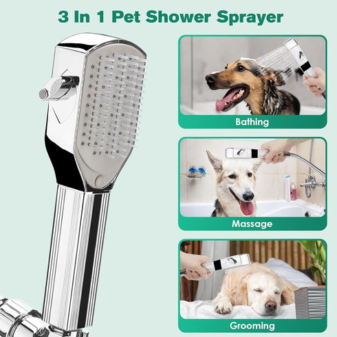 Dog Shower Attachment - Pet Washing Shower Sprayer with Stainless Steel Hose & Diverter Valve, 3-in-1 Handheld Shower