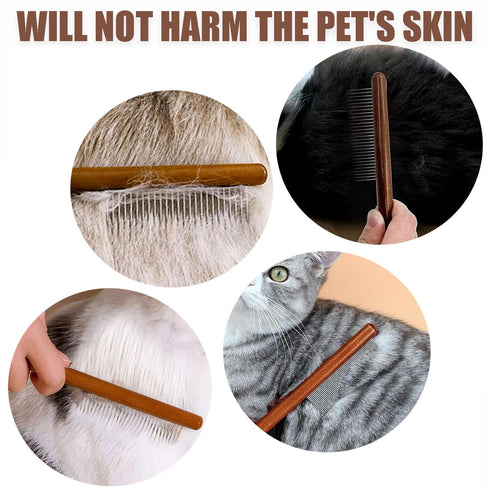 3 Pack Solid Wood Combs for Cats and Dogs - Tangle and Knot Remover - Flea Lice Comb with Rounded Stainless Steel Teeth
