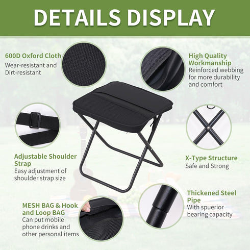 265 Lbs,Black Foldable Camping Stool, Portable Collapsible Chair for Adults, Folding Telescopic Stool with Carry Bag