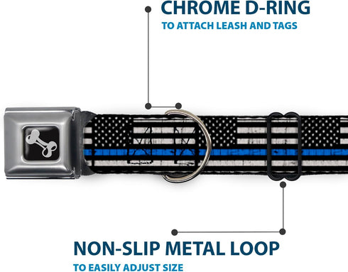 Dog Collar Seatbelt Buckle - Thin Blue Line Flag Weathered Black Gray Blue, 11 to 17 Inches, 1.0 Inch Wide