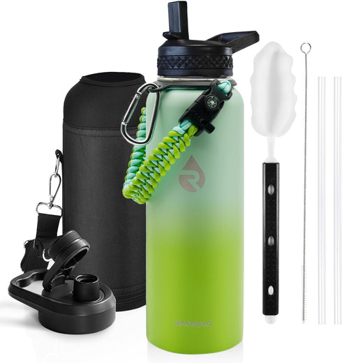Insulated Water Bottle 40 oz, Triple Wall Vacuum Stainless Steel, Leak Proof, Ombre Green with Straw Spout