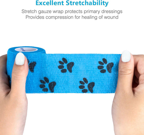 WePet Pet Wrap - Self-Adhesive Non-Woven Tape for Dog Legs, Wounds, First Aid Cohesive Gauze, 6 Rolls (Pawprints A)
