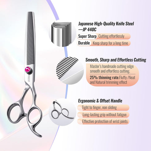 Professional Long Dog Thinning Shears 7.5 in, 50 Teeth Japan 440C Stainless Steel Grooming Scissors for Dogs & Cats