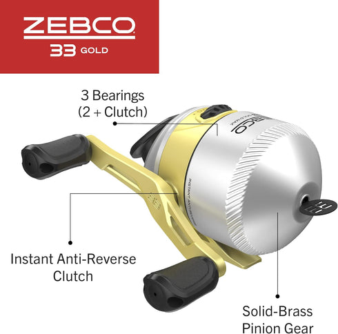 Zebco 33 Gold Spincast Fishing Reel, 3 Ball Bearings with Smooth Dial-Adjustable Drag