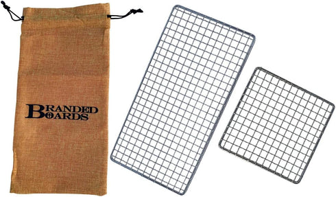 Portable Bushcraft Stainless BBQ Cooking Grill Grate, Includes Bamboo Cutting Board, Mini Knife, and Fire Starter Kits