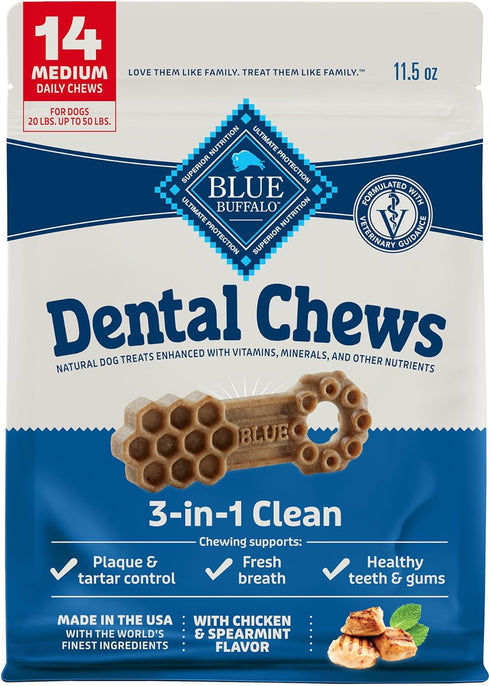 Blue Buffalo Medium Dental Chews for Dogs (14 Count) Made in the USA, Natural Ingredients, Chicken & Spearmint, Daily