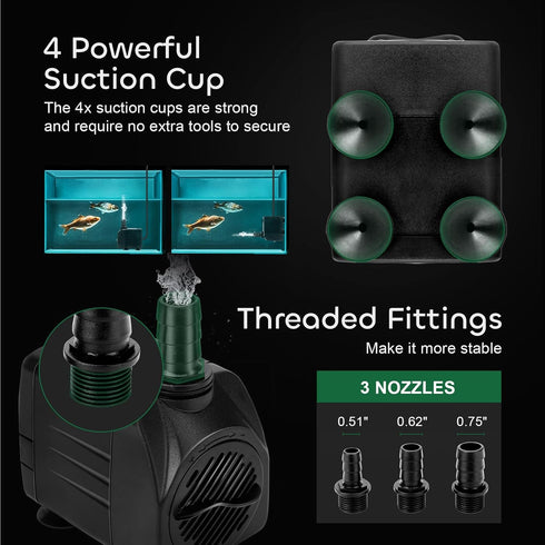 GROWNEER 550GPH Submersible Pump 30W Ultra Quiet Fountain Water Pump, 2000L/H, with 7.2ft High Lift, 3 Nozzles for Aquarium, Fish Tank, Pond, Hydroponics, Statuary Black by GROWNEER