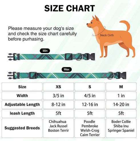 Small Dog Collar and Leash Set, Adjustable Pet Collar for XS S M Breeds, 5FT Nylon Dog Leash, Green M