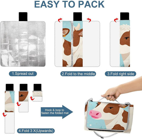 LZQPOEAS (58.3" 58.3"), Cow Head with Pink Mouth Picnic Blanket Outdoor, Square Foldable Lightweight Waterproof Beach