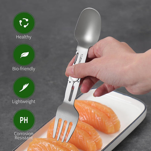 ZING TTI 2 1 Titanium Camping Flatware, in Removable Foldable Tableware, Fork and Spoon, with Storage Box,Camping