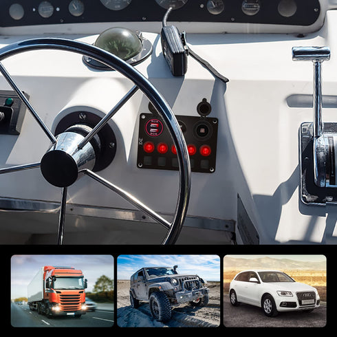 FXC 5 Gang Rocker Switch Panel with Dual USB Slot, Cigarette Lighter, Voltmeter for Marine Boat Car RV 12-24V
