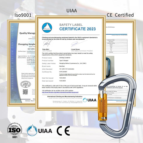 NewDoar 28KN UIAA & CE Certified Auto Climbing Carabiner - Professional Heavy Duty Caribeaner for Rappelling D-Shaped