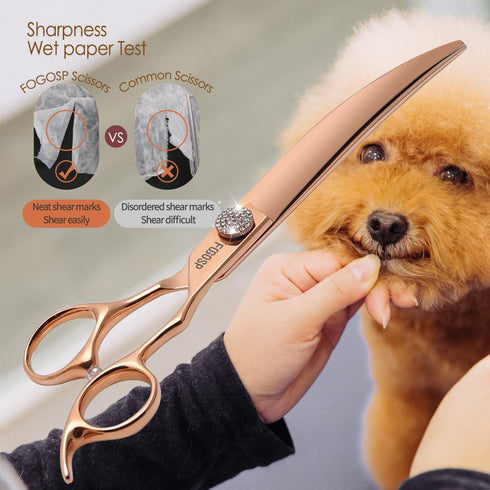 Rose Gold Titanium Curved Dog Grooming Scissors 8'' - Downward 30° with Jewelled Screw, Professional Trimming Shears