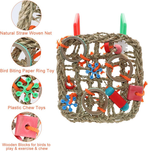 Wontee Hanging Bird Climbing Net for Parrot, Straw Braid Rope Foraging Wall Swing Toy for Budgie Cockatiel