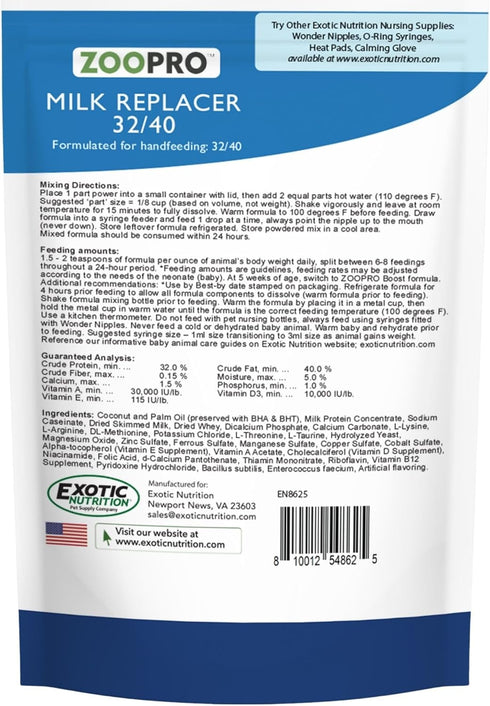 32/40 8.8 oz. Exotic Nutrition ZooPro Milk Replacer Formula for Baby Squirrels