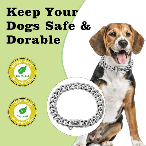 18K Cuban Link Chain Dog Collar, Stainless Steel Silver Gold with Safety Buckle Lock, Heavy Duty for Small, Medium,