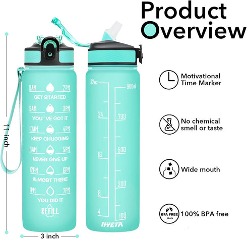 Hyeta 32 oz Water Bottle with Times to Drink and Straw, Motivational Leakproof Sports Bottle