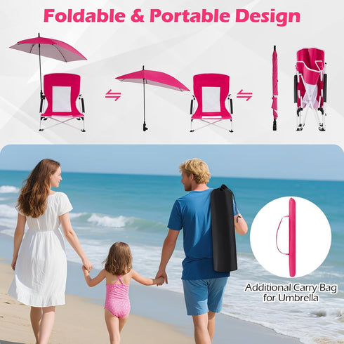 330lbs (1,Pink) GYMAX Beach Chair with Umbrella, Folding Low Beach Chairs with High Back, Adjustable Sunshade & Carry